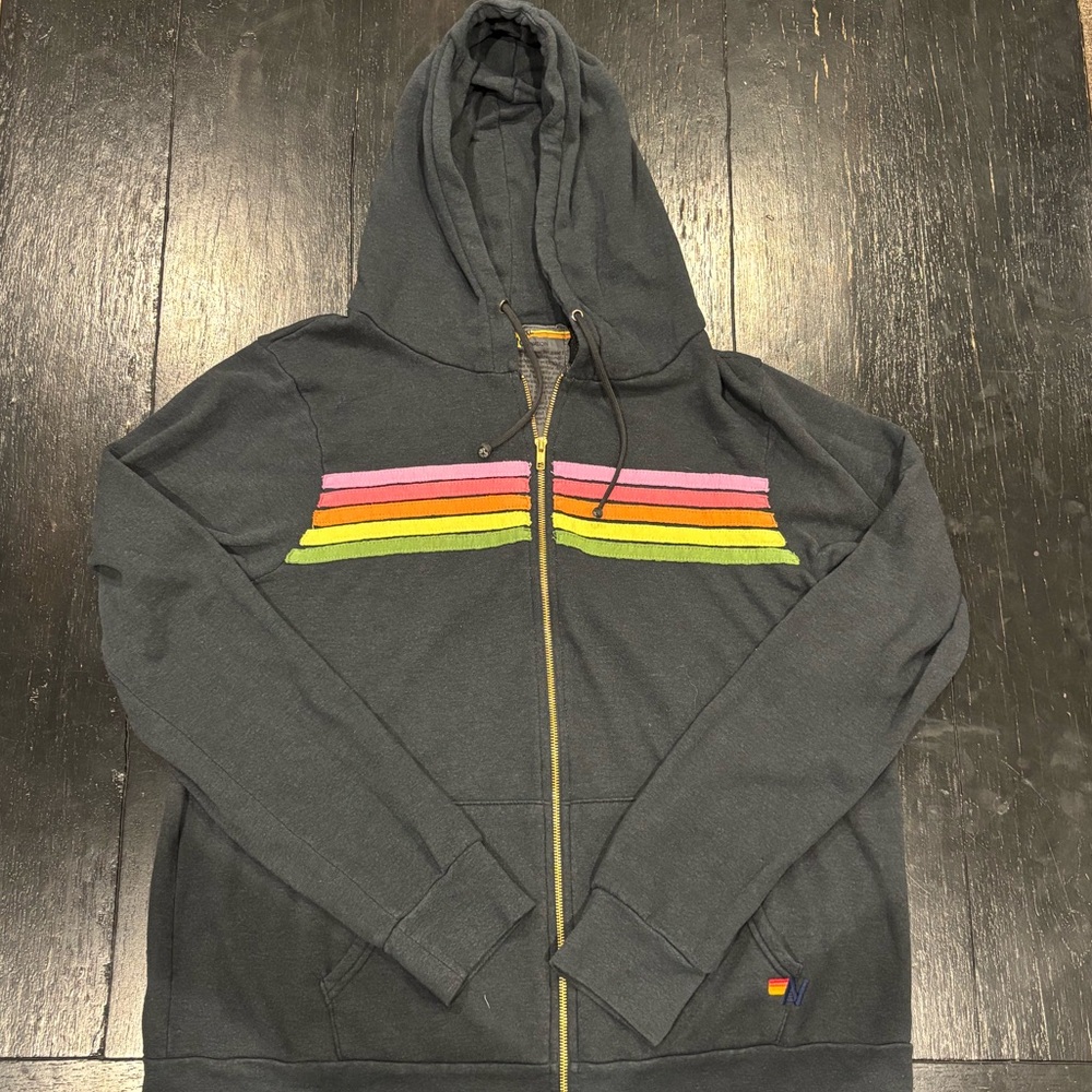Aviator Nation Dark Gray Hoodie with Neon Rainbow Stripes